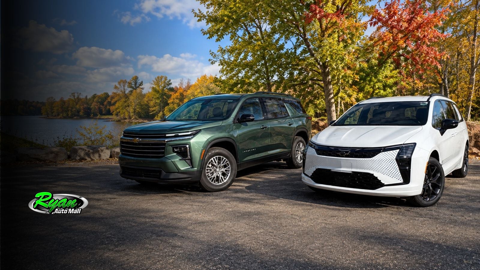 2027 Chevrolet Traverse SUV in green and Chrysler Pacifica minivan in white parked side by side at Ryan Auto Mall in Minnesota.