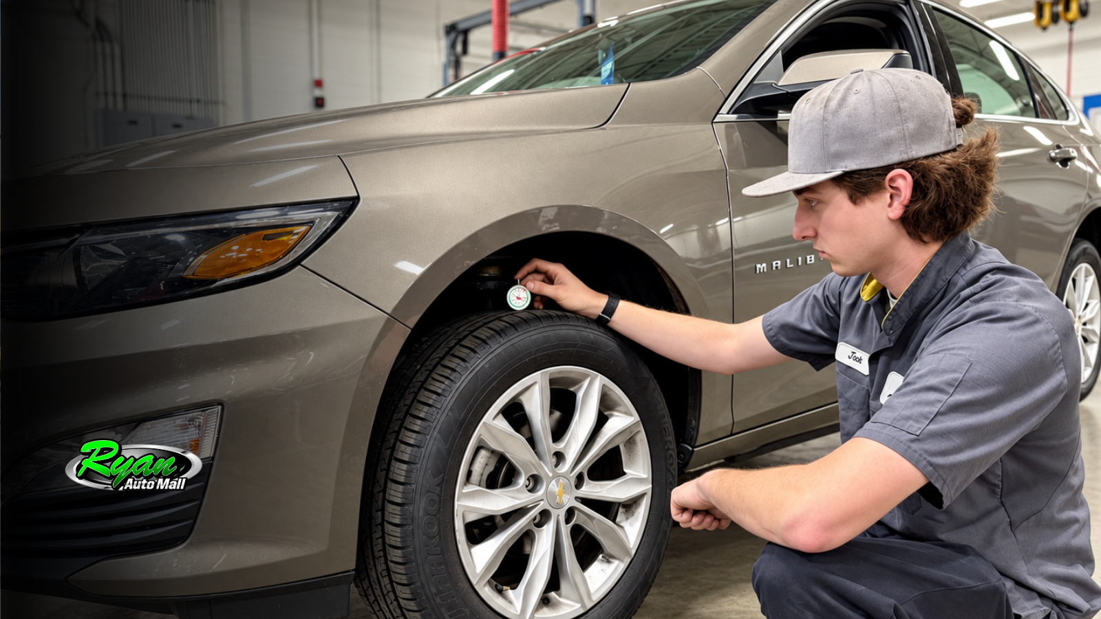 Ryan Auto Mall technician checking tire tread depth during a used vehicle inspection in Minnesota.